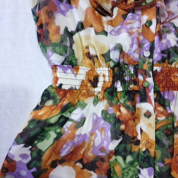 Sunny Leigh Ruffle Short Sleeve Shirt Button Front Floral Print Elastic Waist - Picture 3 of 6